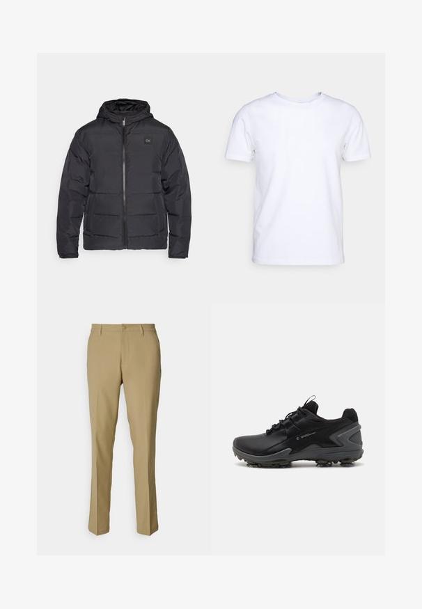 Μαύρο μονωμένο μπουφάν με κουκούλα, με μπροστινό φερμουάρ και δύο πλαϊνές τσέπες, διακοσμημένο με ένα μικρό λογότυπο στο στήθος.; Λευκό κοντομάνικο μπλουζάκι από βαμβακερό ύφασμα με στρογγυλή λαιμόκοψη. Απλός σχεδιασμός χωρίς μοτίβα ή λεπτομέρειες. Λείο υφή.; Χακί παντελόνι από απαλό ύφασμα, με κλασική σχεδίαση, ίσια πόδια, κλείσιμο με κουμπί και δύο πλαϊνές τσέπες.; Μαύρα αθλητικά παπούτσια με λείο συνθετικό επάνω μέρος, υφασμάτινο κολάρο με υφή και καουτσούκ σόλα με μορφοποιημένες προεξοχές πρόσφυσης.