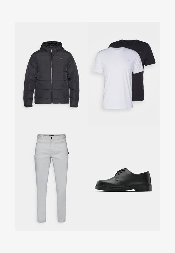 Svart isolert pufferjakke med hette, med glidelås foran og to sidelommer, prydet med en liten logo-patch på brystet.; To bomulls t-skjorter i hvitt og svart, kortermet med rund hals, med en liten logo på brystet, glatt tekstur.; Lys grå, slim-fit bukser med en jevn tekstur, som har en frontknap-lukking og subtile sidelommer for funksjonalitet.; Svarte lær oxford-sko med snøring, rund tå, flat gummisåle og diskret sømdetalj langs overflaten.