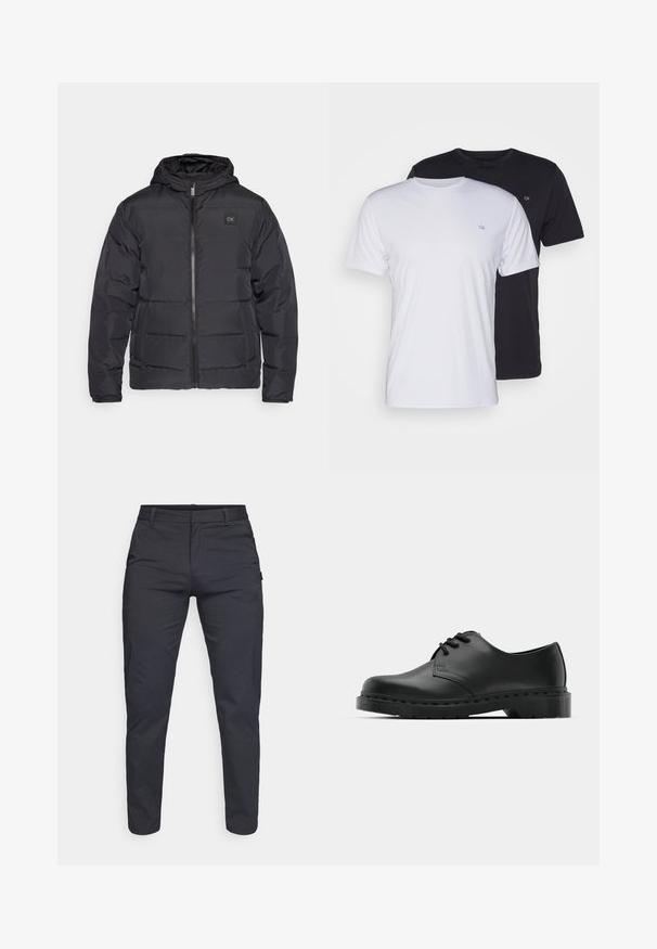 Crna puf jakna s kapuljačom, koja ima prednji zatvarač i dva bočna džepa, ukrašena malom oznakom na prsima.; Dva pamučna majice, bijela i crna, kratkih rukava s okruglim izrezom, s malim logotipom na prsima, glatke teksture.; Tamnoplave uske hlače izrađene od prozračnog materijala. Imaju ravni prednji dio, petlje za remen i jednu stražnju džep.; Crne kožne oxford cipele s vezivanjem, zaobljenim vrhom, ravnim gumenim potplatom i suptilnim detaljima šivanja duž gornjeg dela.