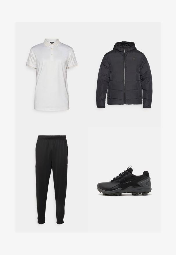 Czarna ocieplana kurtka puchowa z kapturem, z zamkiem z przodu oraz dwoma bocznymi kieszeniami, ozdobiona małą naszywką z logo na klatce piersiowej.; T-shirt polo z kołnierzykiem w jasnym beżu z subtelnym geometrycznym wzorem. Posiada trzy guziki przy dekolcie i podwinięte mankiety, wykonany z miękkiego materiału.; Czarne sportowe spodnie wykonane z gładkiego materiału, z elastycznym pasem, zwężanymi nogawkami i małym białym logo po lewej stronie.; Czarne buty sportowe z gładką syntetyczną cholewką, teksturowanym kołnierzem z siateczki oraz gumową podeszwą z formowanymi kolcami zapewniającymi przyczepność.