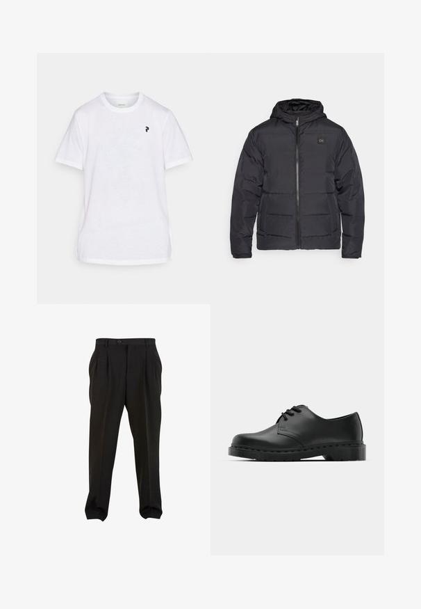 Chaqueta acolchada negra con aislamiento y capucha, que cuenta con un cierre frontal y dos bolsillos laterales, adornada con un pequeño parche de logo en el pecho.; Peak Performance EXPLORE GRAPHIC TEE - Camiseta estampada - white; Pantalones negros de tejido suave, con pliegues frontales, cinturilla con botón y puños en los tobillos ajustados. Silueta clásica y ajustada.; Zapato oxford de cuero negro con diseño de cordones, punta redonda, suela de goma plana y un sutil detalle de costura en la parte superior.