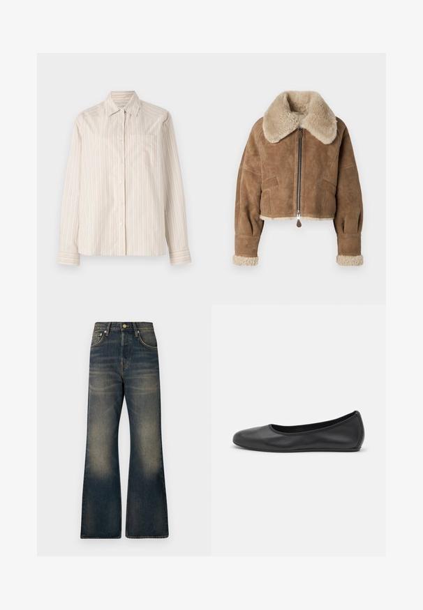 Bruine suède cropped jacket met een pluizige beige kraag en manchetten. Beschikt over een centrale rits en zijzakken. Zachte textuur, goed aansluitende pasvorm.; Lange mouwen shirt in lichtbeige met verticale strepen in cream en lichtoranje. Heeft een kraag en een enkele borstzak.; Donkerblauwe flared jeans van denim met een vervaagde was, voorzien van vijf zakken, een knoopsluiting en contrasterende stikseldetails.; Zwarte leren ballerina met een ronde neus, gladde textuur, minimale stikdetails en een flexibele zoolontwerp.