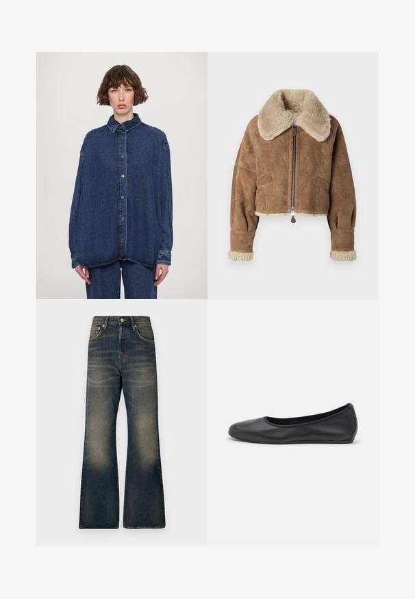 Brązowa skórzana kurtka w wydaniu cropped z puszystym beżowym kołnierzem i mankietami. Posiada centralny zamek błyskawiczny i boczne kieszenie. Miękka tekstura, dopasowany krój.; Niebieska dżinsowa koszula w oversize'owym stylu z kołnierzykiem, guzikami z przodu i długimi rękawami. Posiada luźny krój oraz delikatnie wyblakłą fakturę.; Beżowy, bezrękawnik dzianinowy o prążkowanej strukturze, z kształtem w literę A i subtelnymi, ukośnymi detalami szwów.; Dżinsy w fasonie dzwonów w ciemnoniebieskim kolorze z wyblakłym wykończeniem, z pięcioma kieszeniami, zapięciem na guzik oraz kontrastowymi przeszyciami.; Czarne skórzane baletki z zaokrąglonym noskiem, gładką fakturą, minimalnymi przeszyciami i elastycznym designem podeszwy.