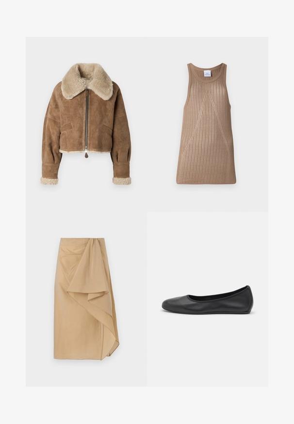 Bruine suède cropped jacket met een pluizige beige kraag en manchetten. Beschikt over een centrale rits en zijzakken. Zachte textuur, goed aansluitende pasvorm.; Beige, mouwloze trui van breiwerk met een geribbelde textuur, met een A-lijnvorm en subtiele diagonale stikseldetails.; Beige wikkelrok van lichtgewicht stof met een asymmetrische draping, voorzien van een gegarneerde tailleband en een gladde textuur. Geen zichtbare sluitingen.; Zwarte leren ballerina met een ronde neus, gladde textuur, minimale stikdetails en een flexibele zoolontwerp.
