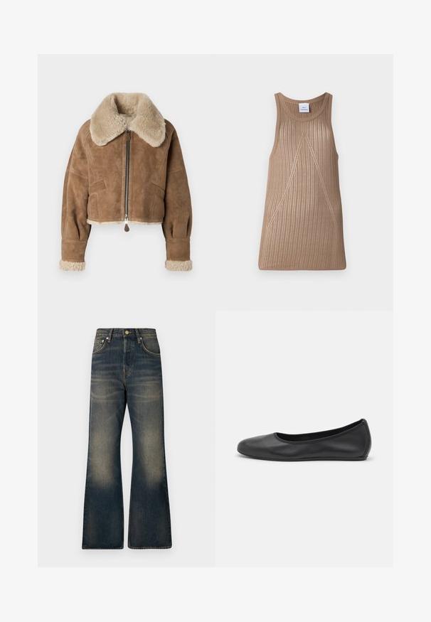 Ruda zomšinė trumpa striukė su pūkuotu smėlio spalvos apykakle ir rankogaliais. Yra centrinis užtrauktukas ir šoninės kišenės. Minkšta tekstūra, pritaikyta forma.; Smėlio spalvos, be rankovių mezginys, su iškilnių nėrinių tekstūra, turintis A formos siluetą ir subtiliais įstrižais siuvinėjimo akcentais.; Tamsiai mėlynos spalvos džinsiniai plačios kojų džinsai su išblukusiu efektu, turintys penkis kišenes, mygtuko užsegimą ir kontrastingas siūles.; Juodai odiniai baletai su apvaliu pirštu, lygi texture, minimalus siuvimo detales ir lanksčiu padų dizainu.