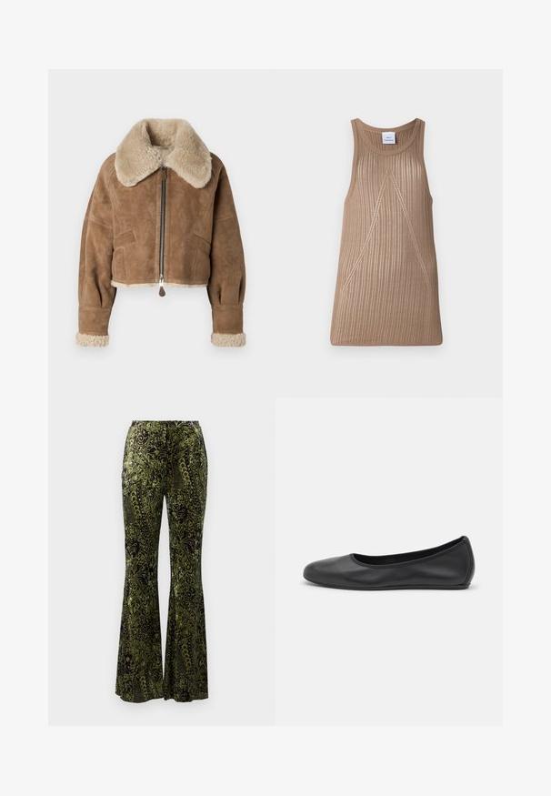 Brown suede cropped jacket with a fluffy beige collar and cuffs. Features a central zipper and side pockets. Soft texture, tailored fit.; Beige, sleeveless knit top with a ribbed texture, featuring an A-line shape and subtle diagonal stitching details.; Diane von Furstenberg RUTHETTE PANTS - Trousers - green; Black leather ballet flat with a rounded toe, smooth texture, minimal stitching detail, and a flexible sole design.