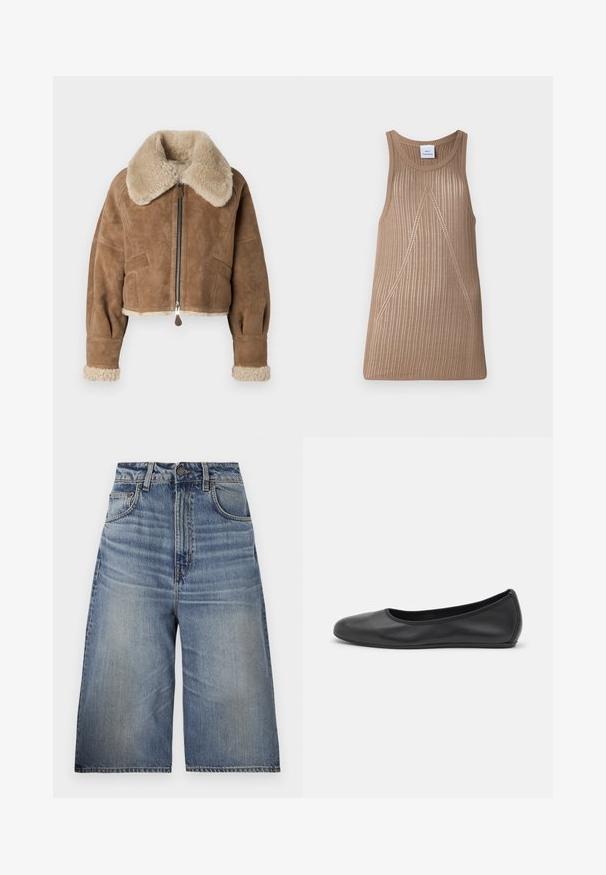 Brown suede cropped jacket with a fluffy beige collar and cuffs. Features a central zipper and side pockets. Soft texture, tailored fit.; Beige, sleeveless knit top with a ribbed texture, featuring an A-line shape and subtle diagonal stitching details.; Blue denim culottes with a high waist, relaxed fit, light blue wash, front pockets, visible stitching, and button closure at the waist.; Black leather ballet flat with a rounded toe, smooth texture, minimal stitching detail, and a flexible sole design.