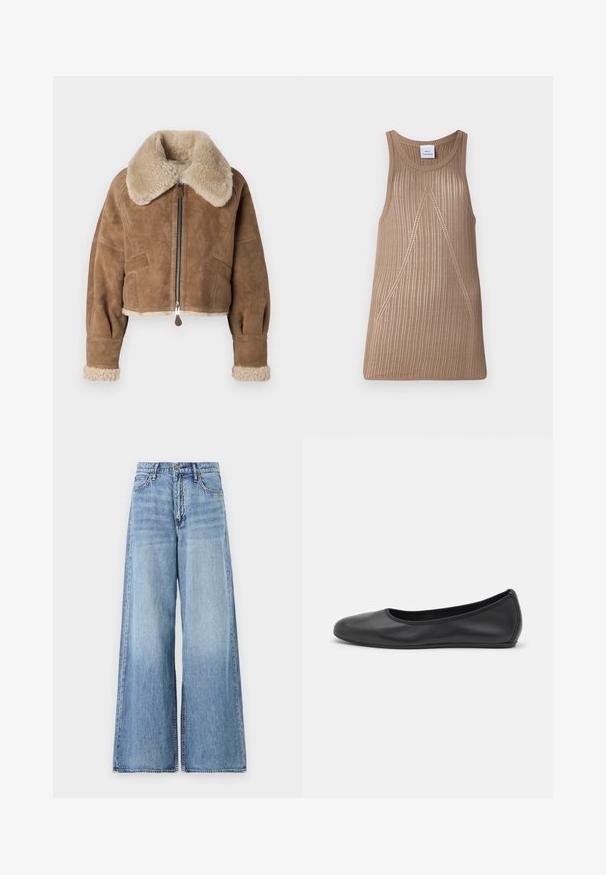 Veste en suède marron, cropped, avec un col et des poignets en peluche beige. Dispose d'une fermeture éclair centrale et de poches latérales. Texture douce, coupe ajustée.; Débardeur en tricot beige sans manches avec une texture côtelée, présentant une forme en A et des détails de couture diagonale subtils.; Jean large bleu clair en denim. Présente une taille haute, de grandes jambes évasées et un style classique à cinq poches avec quincaillerie en métal.; Ballerines en cuir noir avec un bout rond, texture lisse, détails de couture minimalistes et design de semelle flexible.