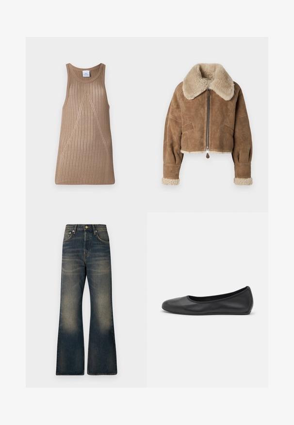 Brązowa skórzana kurtka w wydaniu cropped z puszystym beżowym kołnierzem i mankietami. Posiada centralny zamek błyskawiczny i boczne kieszenie. Miękka tekstura, dopasowany krój.; Beżowy, bezrękawnik dzianinowy o prążkowanej strukturze, z kształtem w literę A i subtelnymi, ukośnymi detalami szwów.; Dżinsy w fasonie dzwonów w ciemnoniebieskim kolorze z wyblakłym wykończeniem, z pięcioma kieszeniami, zapięciem na guzik oraz kontrastowymi przeszyciami.; Czarne skórzane baletki z zaokrąglonym noskiem, gładką fakturą, minimalnymi przeszyciami i elastycznym designem podeszwy.