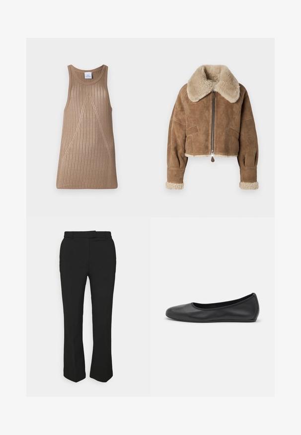 Giacca corta in suede marrone con un collo e polsini beige pelosi. Presenta una cerniera centrale e tasche laterali. Tessuto morbido, vestibilità sartoriale.; Top in maglia senza maniche beige con texture a coste, con una forma ad A e sottili dettagli in cucitura diagonale.; Pantaloni neri su misura con design a gamba dritta, dotati di passanti per cintura e tasche laterali. Realizzati in tessuto liscio con una finitura pulita.; Pantofole da balletto nere in pelle con punta arrotondata, texture liscia, dettagli di cucitura minimi e design con suola flessibile.