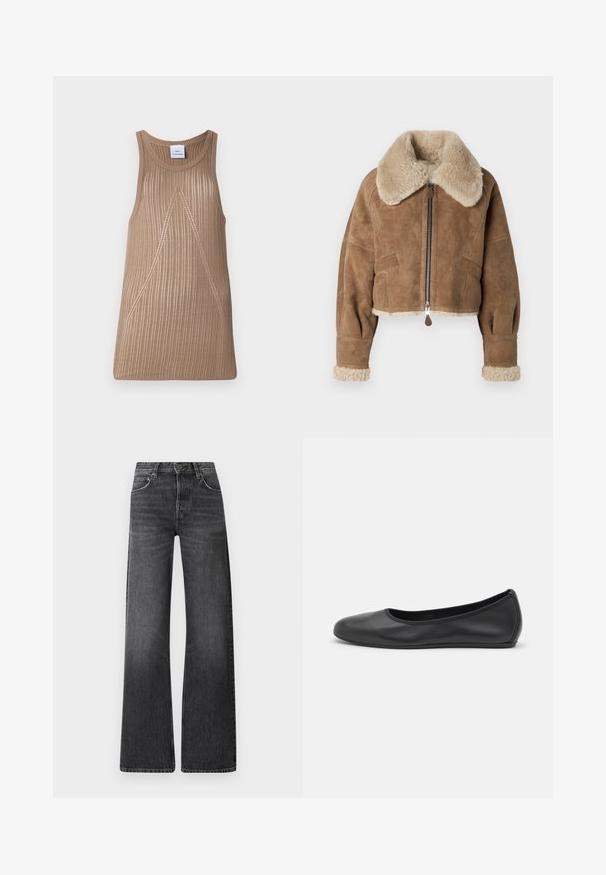 Braune Wildleder-Cropped-Jacke mit einem flauschigen beigen Kragen und Manschetten. Verfügt über einen zentralen Reißverschluss und seitliche Taschen. Weicher Stoff, taillierte Passform.; Beige, ärmelloses Stricktop mit gerippter Textur, in A-Linien-Form und subtilen diagonalen Nähdetails.; Schwarze Denim-Jeans mit hoher Taille und weitem Bein. Verfügt über fünf Taschen und eine subtile verbleichte Textur mit kontrastierenden Nähten.; Schwarze Leder-Ballettschuhe mit abgerundeter Spitze, glatter Textur, minimalen Nähdetails und einem flexiblen Sohlen-Design.