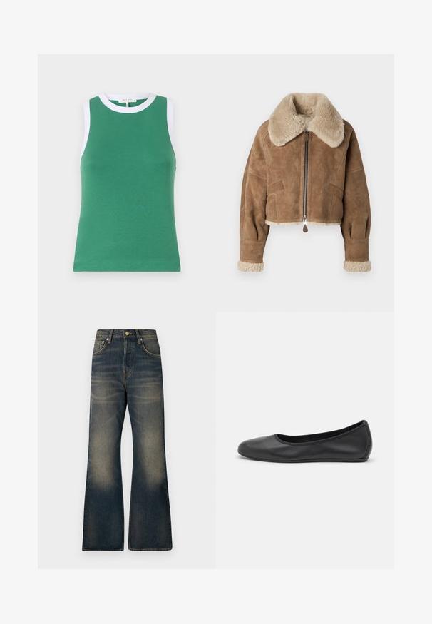 Giacca corta in suede marrone con un collo e polsini beige pelosi. Presenta una cerniera centrale e tasche laterali. Tessuto morbido, vestibilità sartoriale.; Top verde senza maniche con un design aderente, caratterizzato da un collo a girocollo bianco e rifiniture alle armature, realizzato in un materiale liscio ed elasticizzato.; Jeans in denim a gamba larga di colore blu scuro con un lavaggio sfumato, dotati di cinque tasche, chiusura con bottone e dettagli di cucitura a contrasto.; Pantofole da balletto nere in pelle con punta arrotondata, texture liscia, dettagli di cucitura minimi e design con suola flessibile.