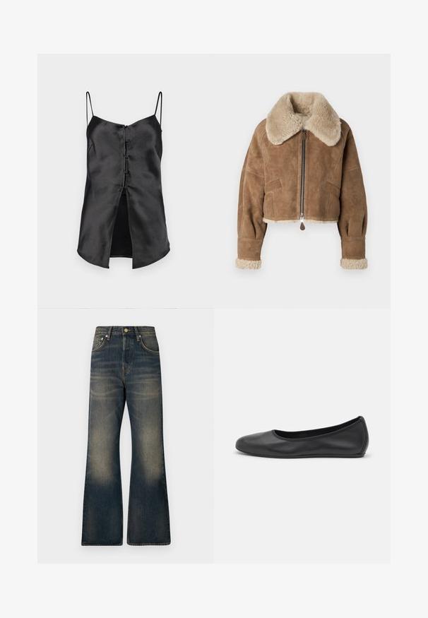Braune Wildleder-Cropped-Jacke mit einem flauschigen beigen Kragen und Manschetten. Verfügt über einen zentralen Reißverschluss und seitliche Taschen. Weicher Stoff, taillierte Passform.; Schwarzes Satin-Camisole mit dünnen Trägern, das eine durchgehende Knopfleiste und einen gespaltenen Saum für zusätzlichen Detail bietet. Glatte Textur und minimalistisches Design.; Dunkelblaue Bootcut-Jeans aus Denim mit einer ausgewaschenen Optik, fünf Taschen, einem Knopfverschluss und farblich abgesetzten Nähten.; Schwarze Leder-Ballettschuhe mit abgerundeter Spitze, glatter Textur, minimalen Nähdetails und einem flexiblen Sohlen-Design.