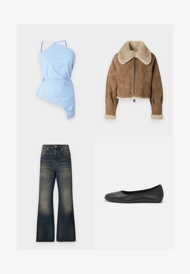 Brown suede cropped jacket with a fluffy beige collar and cuffs. Features a central zipper and side pockets. Soft texture, tailored fit.; Blue and white striped top with an asymmetric cut, thin straps, and a drawstring waist for adjustable fit. Lightweight fabric with smooth texture.; Denim flared jeans in dark blue with a faded wash, featuring five pockets, a button closure, and contrast stitching details.; Black leather ballet flat with a rounded toe, smooth texture, minimal stitching detail, and a flexible sole design.