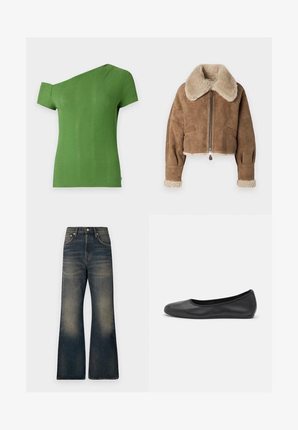 Brun ruskindsjakke i cropped stil med en fluffy beige krave og mansjetter. Har en central lynlås og sidelommer. Blød tekstur, skræddersyet pasform.; Grøn ribbet t-shirt med design til én skulder. Kort ærme på den ene side og tætsiddende snit. Glat tekstur og mellemlangt sømkant.; Denim flagrende jeans i mørkeblå med en falmet vask, der har fem lommer, knaplukning og kontrast-syning detaljer.; Sort læderballetsko med rund tå, glat tekstur, minimal syning og et fleksibelt såldesign.