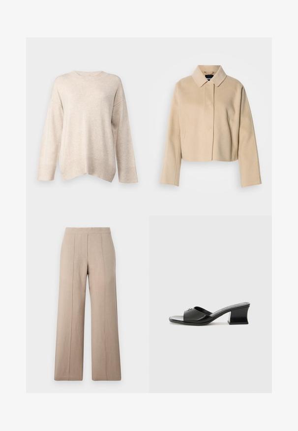 Bézs színű rövidített kabát sima gyapjúszerű textúrával, hegyes gallérral és hosszú ujjakkal. Elől fedett gombolattal, rejtett záródással.; pure cashmere LOOSE FIT - Pulóver - oatmeal; Beige széles szárú nadrág könnyű anyagból, elülső plissékkel, sima derékkal és egyenes vonalú, tiszta szegéllyel.; Fekete, fényes felületű, nyitott orrú magassarkú mules, széles pánttal. A blokk sarok geometrikus formája stabilitást biztosít. Ezüst díszítés.