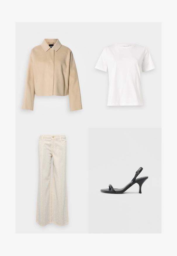 Beežid kärbitud mantel, sile villa tekstuur, terava krae ja pikkade varrukatega. Esiküljel plokk ilma nähtavate kinnitusteta.; Valge puuvillane T-särk lühikeste varrukatega, ümmarguse kaelusega ja vabalt istuv. Sile tekstuur, ilma mustrite ja aktsentideta, minimalistik disain.; Beige laiase jalad sujuva tekstuuriga, millel on metallik hõbedased litrid, mis on paigutatud mustrisse nii esiküljel kui ka tagaküljel.; Mustad nahast kõrgete kontsadega sandaalid, millel on saledad, kõverad kontsad ja ristatud rihma disain. Reguleeritav pahkluu rihm. Sile tekstuur.