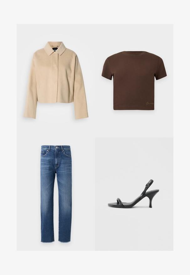 Casaco bege curto com textura suave de lã, gola pontiaguda e mangas compridas. Apresenta pala frontal sem fechos visíveis.; T-shirt cropped castanho feito de algodão suave, com mangas curtas e decote redondo. Inclui um discreto logótipo "Guess" em dourado na parte inferior.; Denim azul com um design de perna reta, apresentando um acabamento desbotado, estilo de cinco bolsos e uma bainha desfiada.; Sandálias de salto alto em couro preto com um salto curvado e fino e um design de tiras cruzadas. Correia ajustável no tornozelo. Textura suave.