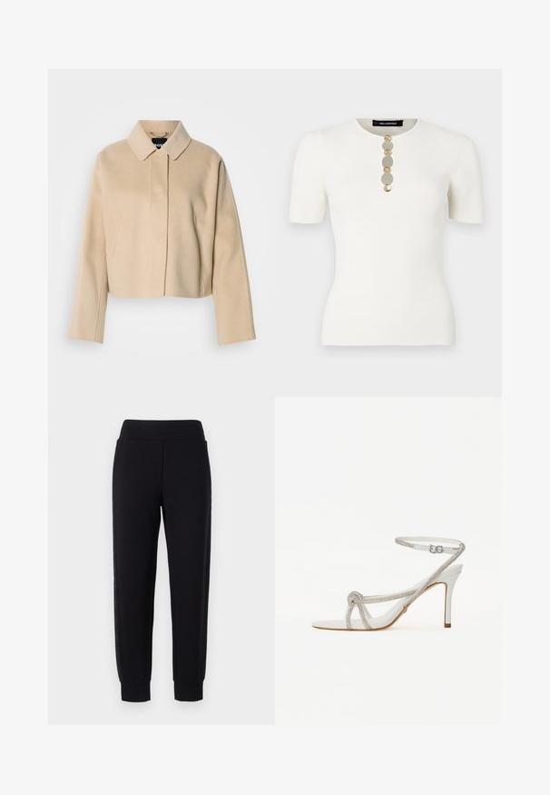 Biskvitinis trumpintas paltas su lygiu vilnos paviršiumi, smailiu apykakliu ir ilgomis rankovėmis. Priekyje uždengtas užtrauktukų skydelis be matomų užsegimų.; Balta, trumpomis rankovėmis marškinėliai su apvalia apykakle ir penkiomis dekoratyvinėmis sagomis ant priekio, pagaminti iš smulkios tekstūros megztinio audinio.; Juodos sportinės kelnės su siaurėjančiomis kojomis, turinčios platų elastingą juosmenį ir tekstūruotas šonines juostas. Pagamintos iš minkštos, tamprios medžiagos.; Baltos aukštakulnės šlepetės su tekstūruota dirželiu, puoštu krištolo akmenimis, atvira pirštų dalimi ir kulkšnies dirželiu su reguliuojama sagtimi.