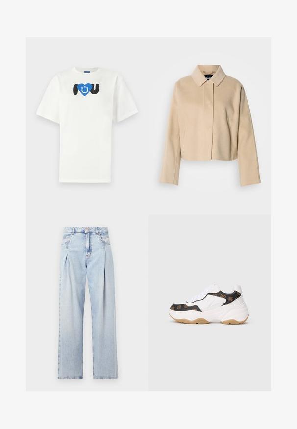 Béžový krátky kabát s hladkou vlněnou texturou, špicatým límcom a dlhými rukávmi. Má prednú légú bez viditeľných zapínaní.; Biele bavlnené tričko s modrým srdcom, nad ktorým je čierny nápis „HUGO“ a pod ním „U“, krátkymi rukávmi a voľným strihom.; Svetlomodré džínsy s vysokým pásom, širším strihom po celej dĺžke, dvoma bočnými vreckami a skladaným dizajnom. Mäkka textúra s vyblednutým vzhľadom.; Biele masívne tenisky s čiernymi a hnedými vzorovanými akcentmi, hrubou béžovou podrážkou a bielymi šnúrkami, vystavené na jednoduchej svetlej pozadí.