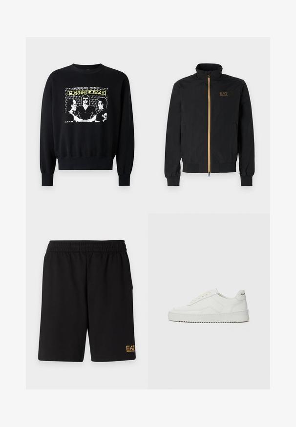 Chaqueta bomber negra hecha de una tela suave. Presenta un cuello alto, cremallera dorada y el logo de EA7 en el lado izquierdo del pecho. Puños y dobladillo elásticos.; Sudadera negra de manga larga con puños acanalados. El gráfico frontal presenta tres figuras en un diseño retro con acentos en texto amarillo y blanco.; Pantalones cortos deportivos negros de tejido suave, con una cintura elástica y un pequeño logo amarillo de EA7 en la parte inferior de la pierna izquierda.; Zapatilla de cuero blanca con un acabado suave, puntera redonda, cordones planos y suela texturizada. Cuenta con un sutil logo en el talón.