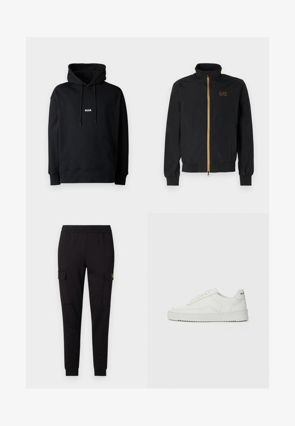 Veste pilote noire en tissu lisse. Dotée d'un col montant, d'une fermeture éclair dorée et du logo EA7 sur la poitrine gauche. Manches et ourlet élastiques.; Hoodie noir avec capuche à cordon, poche frontale, poignets et ourlet côtelés, affichant un petit logo blanc "MSGM" sur la poitrine.; Pantalons de jogging noirs en tissu doux, présentant une coupe fuselée et deux poches cargo latérales avec un logo discret sur une poche.; Baskets en cuir blanc avec une finition lisse, bout arrondi, lacets plats et semelle texturée. Présente un logo discret sur le talon.