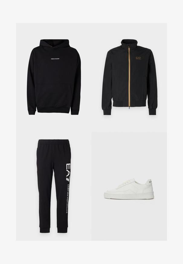 Melnā bomber jakā, izgatavota no gludas auduma. Iezīmēta ar augstu apkakli, zelta rāvējslēdzēju un EA7 logotipu kreisajā krūtī. Elastīgas aproces un malām.; Melna kapuce ar priekšējo kabatu un baltu "VISION OF SUPER" tekstu uz krūtīm. Izgatavota no mīksta auduma ar ribinātām piedurknēm.; Melni sporta bikses, kas izgatavotas no elastīga auduma. Tām ir elastīga jostasvieta, sašaurinātas bikšu apkakles un baltā zīmola emblēma uz kreisās kājas.; Baltas ādas sneakers ar gludu virsmu, apaļu pirkstu daļu, plakaniem šņorēm un teksturētu zoli. Satur diskrētu logotipu uz papēža.