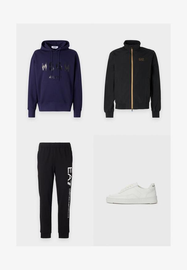 Crna bomber jakna od glatkog materijala. Ima visoki ovratnik, zlatni zip i EA7 logo na lijevoj prednjoj strani. Elastični manžeti i rub.; Mornarska dukserica od mješavine pamuka, s prednjim kenguruzim džepom, špagicama i reflektirajućim printom loga "MSGM MILANO" na prsima.; Crne trenirke izrađene od rastezljivog materijala. Imaju elastičan pojas, sužene manžete i bijeli logo na lijevoj nozi.; Bijele kožne tenisice s glatkom površinom, okruglim vrhom, ravnim vezicama i teksturiranom potplatom. Imaju suptilan logo na peti.