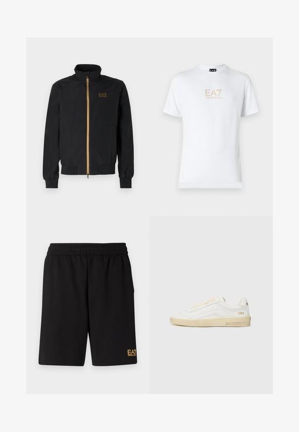 Fekete bomber dzseki sima szövetből. Magas gallérral, arany cipzárral és az EA7 logóval a bal mellen. Rugalmas mandzsetták és alj.; Fehér pamut póló, kerek nyakkivágással és rövid ujjakkal, az elején arany EA7 Emporio Armani logóval nyomtatva.; Fekete sportnadrág puha anyagból, rugalmas derékkal és egy kis sárga EA7 logóval a bal alsó lábszáron.; Fehér bőr sportcipő bézs fűzőkkel, tört fehér gumitalppal és finom perforációkkal. A saroknál aranyszínű "1964" felirat és logó található.