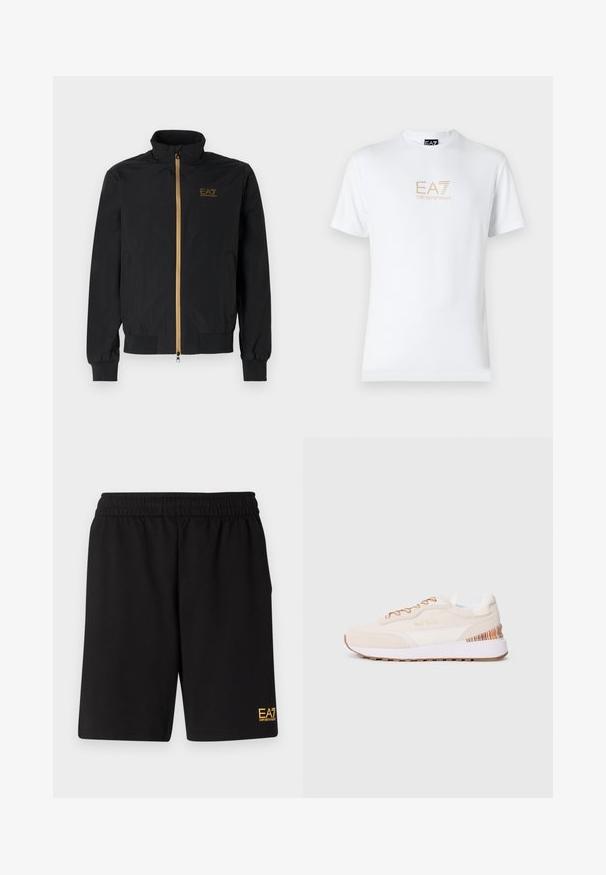 Črna bomber jakna iz gladkega materiala. Ima visok ovratnik, zlat zadrgo in logotip EA7 na levi prsni strani. Elastični manšeti in spodnji rob.; Bela bombažna majica s krožnim izrezom in kratkimi rokavi, s pozlačenim logotipom EA7 Emporio Armani natisnjenim spredaj.; Črne športne kratke hlače iz mehkega blaga, z elastičnim pasom in majhnim rumenim logotipom EA7 na spodnjem levem delu noge.; Teniske z bežnimi semiš zgornji deli, belimi akcenti, rjavim gumijastim podplatom in pisanimi črtami na peti; vsebujejo rjave vezalke.