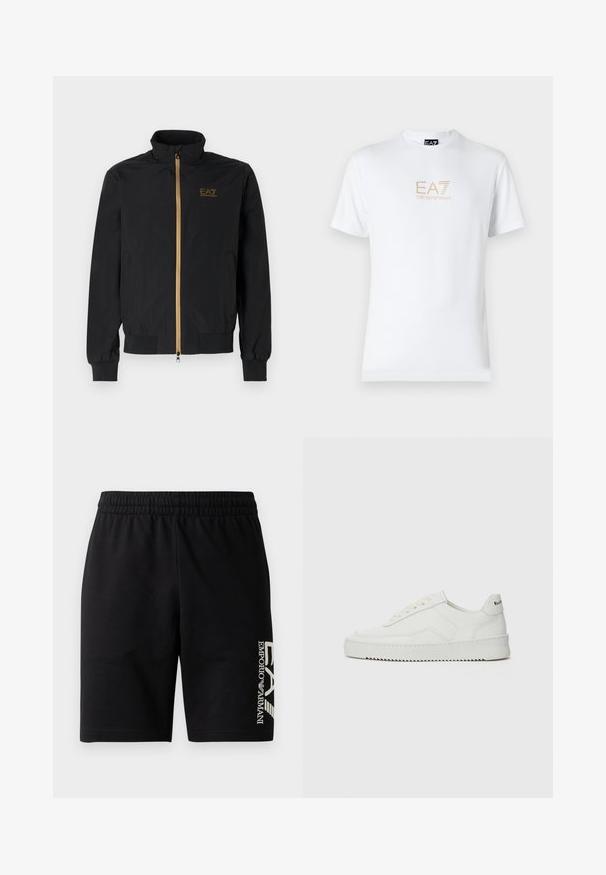 Čierna bomber bunda vyrobená z hladkej látky. Má vysoký golier, zlatý zips a logo EA7 na ľavej hrudi. Elastické manžety a lem.; Biela bavlnená tričko s okrúhlym výstrihom a krátkymi rukávmi, na prednej strane s potlačou zlatého loga EA7 Emporio Armani.; EA7 Emporio Armani TRAIN VISIBILITY  - Šortky - black/cream; Biele kožené tenisky s hladkým povrchom, okrúly špičkový dizajn, ploché šnúrky a textúrovaná podrážka. Obsahujú jemné logo na päte.