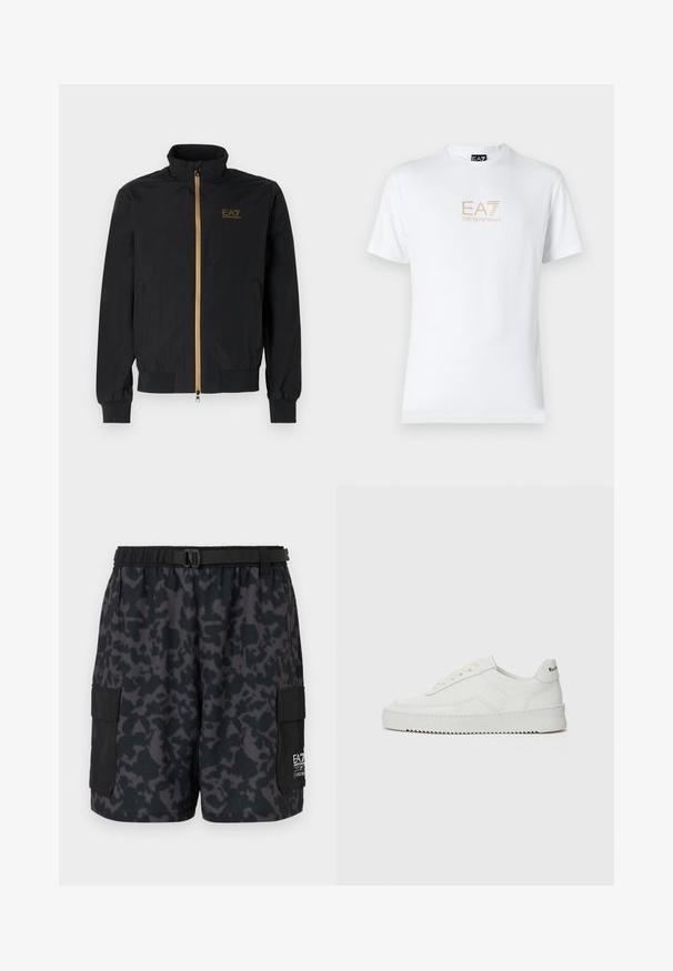 Čierna bomber bunda vyrobená z hladkej látky. Má vysoký golier, zlatý zips a logo EA7 na ľavej hrudi. Elastické manžety a lem.; Biela bavlnená tričko s okrúhlym výstrihom a krátkymi rukávmi, na prednej strane s potlačou zlatého loga EA7 Emporio Armani.; Čierne šortky s tmavým maskáčovým vzorom, elastický pás, bočné vrecká a opasok s prackou. Vyrobené z ľahkého, pohodlného materiálu.; Biele kožené tenisky s hladkým povrchom, okrúly špičkový dizajn, ploché šnúrky a textúrovaná podrážka. Obsahujú jemné logo na päte.