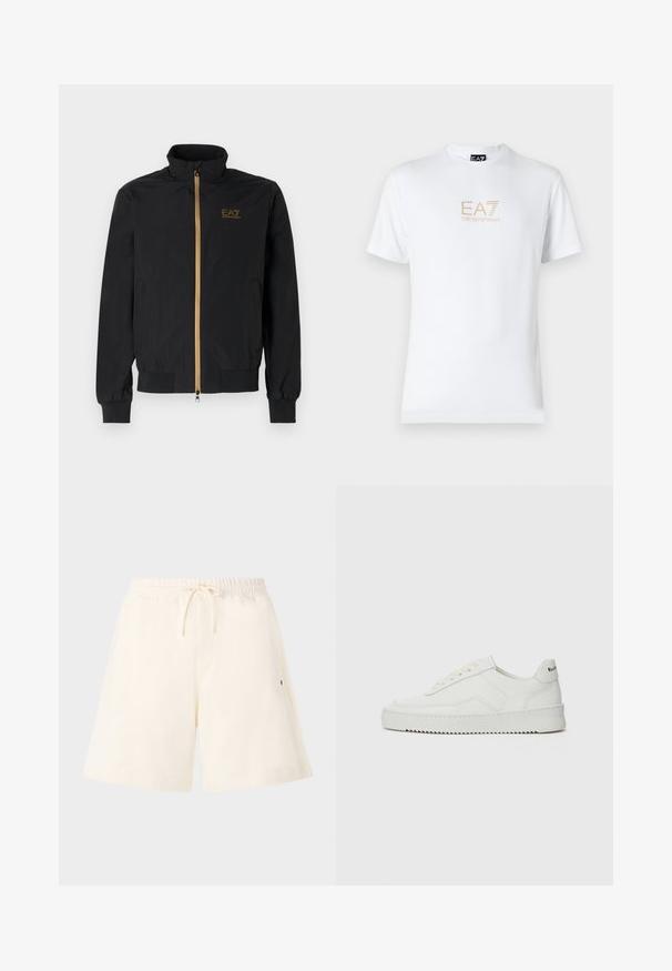 Black bomber jacket made from smooth fabric. Features a high collar, gold zipper, and EA7 logo on the left chest. Elastic cuffs and hem.; White cotton t-shirt featuring a round neckline and short sleeves, with a gold EA7 Emporio Armani logo printed on the front.; Cream-colored shorts made of soft fabric, featuring an elastic waistband with a drawstring, side pockets, and a relaxed fit.; White leather sneaker with a smooth finish, round toe, flat laces, and a textured sole. Features a subtle logo on the heel.