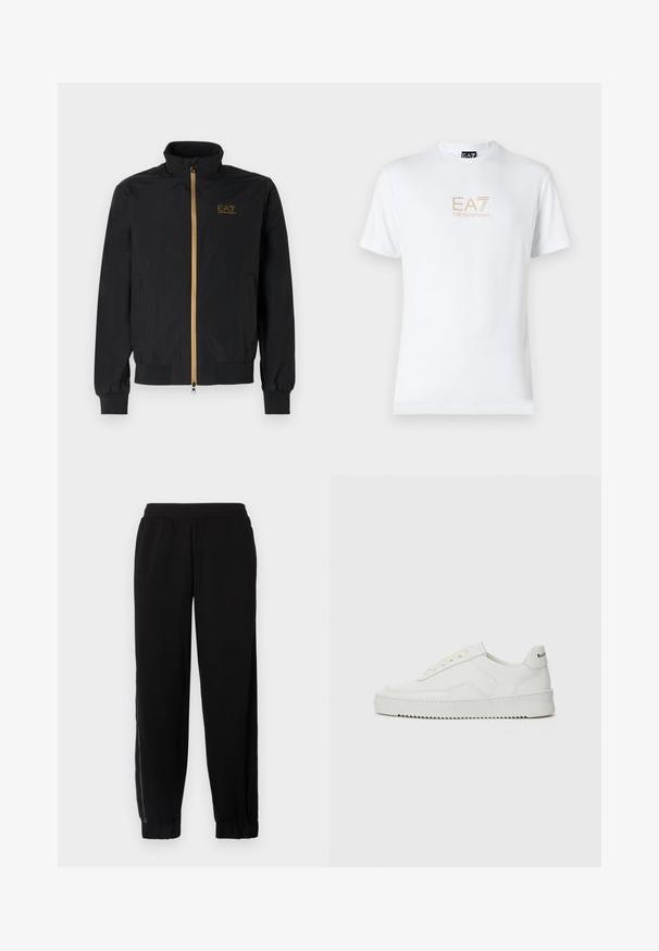 Črna bomber jakna iz gladkega materiala. Ima visok ovratnik, zlat zadrgo in logotip EA7 na levi prsni strani. Elastični manšeti in spodnji rob.; Bela bombažna majica s krožnim izrezom in kratkimi rokavi, s pozlačenim logotipom EA7 Emporio Armani natisnjenim spredaj.; Črne jogging hlače iz mehke tkanine, z elastičnim pasom, zaključenimi robovi in stranskimi mrežastimi paneli za dodatno zračnost.; Bela usnjena športna obutev z gladko površino, okroglo prst, ravne vezalke in teksturiran podplat. Ima diskretno logo na peti.