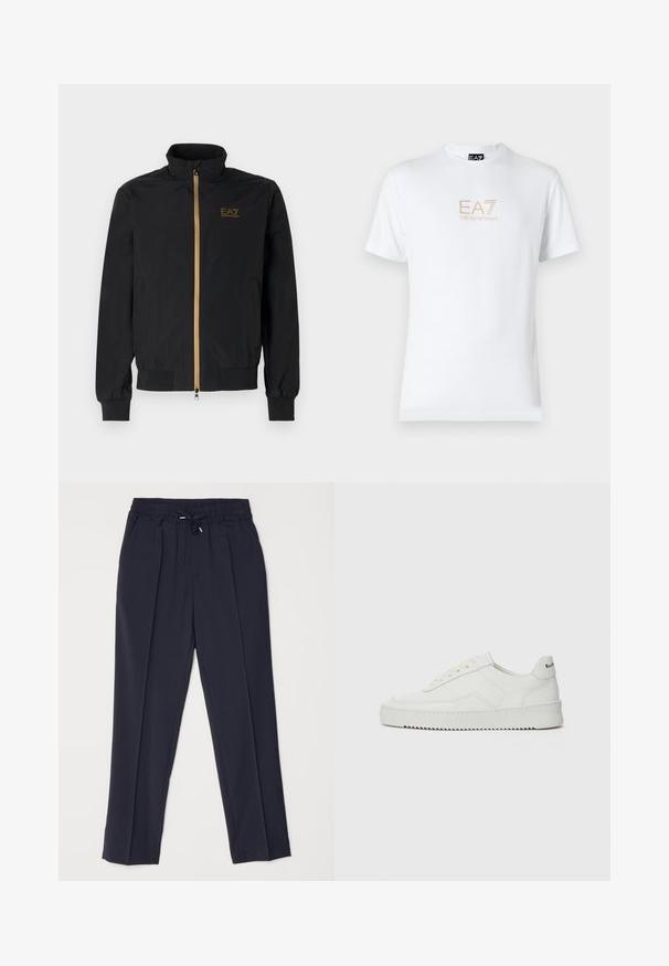 Černá bomber bunda vyrobená z hladké látky. Má vysoký límec, zlatý zip a logo EA7 na levé hrudi. Elastické manžety a lem.; Bílé bavlněné tričko s kulatým výstřihem a krátkým rukávem, na přední straně s potiskem zlatého loga EA7 Emporio Armani.; Námořnické modré kalhoty s elastickým pasem a stahovací šňůrkou. Obsahují dva přední záhyby a zúžené nohavice pro strukturovaný siluetu.; Bílé kožené tenisky s hladkým povrchem, kulatou špičkou, plochými tkaničkami a texturovanou podrážkou. Na patě se nachází nenápadné logo.