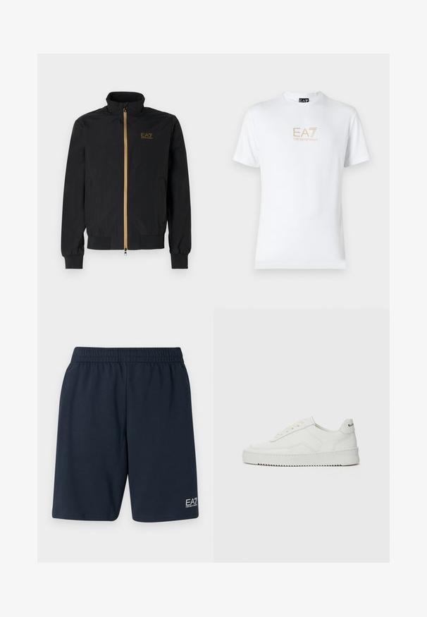 Čierna bomber bunda vyrobená z hladkej látky. Má vysoký golier, zlatý zips a logo EA7 na ľavej hrudi. Elastické manžety a lem.; Biela bavlnená tričko s okrúhlym výstrihom a krátkymi rukávmi, na prednej strane s potlačou zlatého loga EA7 Emporio Armani.; Námornícke modré šortky s elastickým pásom vyrobené z mäkkého materiálu, s bočnými vreckami a malým bielym logom EA7 na dolnej ľavej nohe.; Biele kožené tenisky s hladkým povrchom, okrúly špičkový dizajn, ploché šnúrky a textúrovaná podrážka. Obsahujú jemné logo na päte.