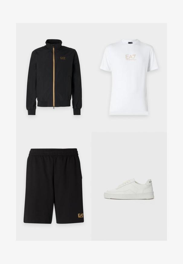 Čierna bomber bunda vyrobená z hladkej látky. Má vysoký golier, zlatý zips a logo EA7 na ľavej hrudi. Elastické manžety a lem.; Biela bavlnená tričko s okrúhlym výstrihom a krátkymi rukávmi, na prednej strane s potlačou zlatého loga EA7 Emporio Armani.; Čierne športové šortky vyrobené z jemného materiálu, s elastickým pásom a malým žltým logom EA7 na dolnej ľavej nohe.; Biele kožené tenisky s hladkým povrchom, okrúly špičkový dizajn, ploché šnúrky a textúrovaná podrážka. Obsahujú jemné logo na päte.