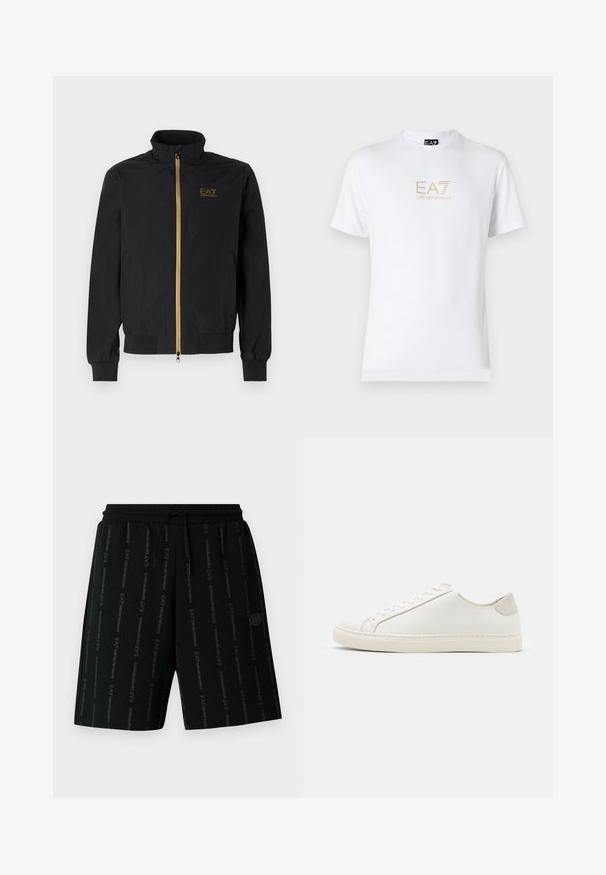 Czarna kurtka bomberka wykonana z gładkiego materiału. Ma wysoki kołnierz, złoty zamek błyskawiczny oraz logo EA7 na lewej piersi. Elastyczne mankiety i dół.; Biała bawełniana koszulka z okrągłym dekoltem i krótkimi rękawami, z nadrukowanym z przodu złotym logo EA7 Emporio Armani.; Czarne sportowe szorty z elastycznym paskiem w talii i sznurkiem do regulacji. Na tkaninie powtarza się nadrukowane logo w kontrastującym odcieniu.; Białe skórzane sneakersy o gładkiej powierzchni, okrągłym nosku i minimalistycznym wzornictwie. Zawierają beżowe akcenty na pięcie oraz gumową podeszwę.