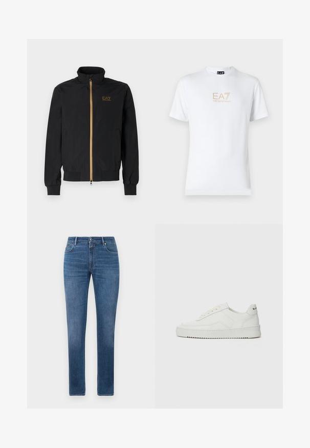 Veste pilote noire en tissu lisse. Dotée d'un col montant, d'une fermeture éclair dorée et du logo EA7 sur la poitrine gauche. Manches et ourlet élastiques.; T-shirt en coton blanc avec un col rond et des manches courtes, orné d'un logo doré EA7 Emporio Armani imprimé sur le devant.; Jeans en denim bleu coupe droite avec fermeture à bouton à l'avant, fermeture éclair et cinq poches, affichés sur un fond blanc.; Baskets en cuir blanc avec une finition lisse, bout arrondi, lacets plats et semelle texturée. Présente un logo discret sur le talon.