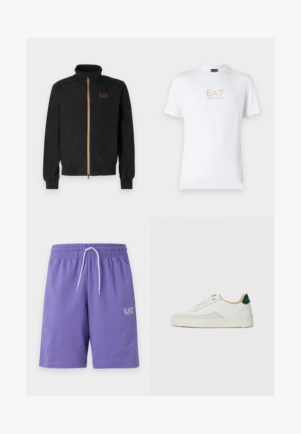 Črna bomber jakna iz gladkega materiala. Ima visok ovratnik, zlat zadrgo in logotip EA7 na levi prsni strani. Elastični manšeti in spodnji rob.; Bela bombažna majica s krožnim izrezom in kratkimi rokavi, s pozlačenim logotipom EA7 Emporio Armani natisnjenim spredaj.; Vijolične kratke hlače iz mehkega materiala z elastičnim pasom in belim vrvico ter majhnim belim logotipom na sprednji strani.; Bela trenerka z zaključki iz semiša, okroglo konico, ravne vezalke in kremna gumijasta podplata. Ima zeleno blagovno znamko na peti.