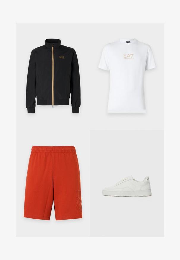 Čierna bomber bunda vyrobená z hladkej látky. Má vysoký golier, zlatý zips a logo EA7 na ľavej hrudi. Elastické manžety a lem.; Biela bavlnená tričko s okrúhlym výstrihom a krátkymi rukávmi, na prednej strane s potlačou zlatého loga EA7 Emporio Armani.; Červené bavlnené šortky s elastickým pásom. Majú potlačené logo na ľavom stehne. Hladká textura, nadkolenná dĺžka.; Biele kožené tenisky s hladkým povrchom, okrúly špičkový dizajn, ploché šnúrky a textúrovaná podrážka. Obsahujú jemné logo na päte.