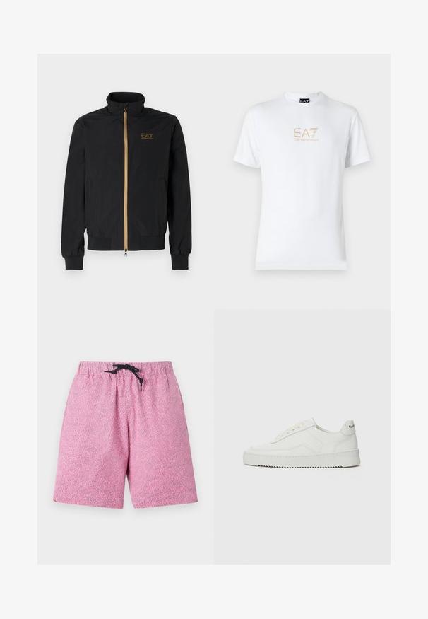 Giacca bomber nera realizzata in tessuto liscio. Presenta un alto colletto, una cerniera dorata e il logo EA7 sul lato sinistro del petto. Polsini e orlo elasticizzati.; T-shirt bianco in cotone con scollatura rotonda e maniche corte, con il logo oro EA7 Emporio Armani stampato sul fronte.; Costumi da bagno rosa con motivo, dotati di una cintura elastica e cordino nero. Il materiale sembra leggero e presenta una superficie testurizzata.; Sneaker in pelle bianca con una finitura liscia, punta rotonda, lacci piatti e suola testurizzata. Presenta un logo discreto sul tallone.