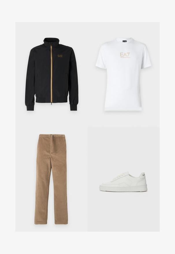 Black bomber jacket made from smooth fabric. Features a high collar, gold zipper, and EA7 logo on the left chest. Elastic cuffs and hem.; White cotton t-shirt featuring a round neckline and short sleeves, with a gold EA7 Emporio Armani logo printed on the front.; Brown corduroy pants with elastic waistband and front drawstring, straight leg fit, displayed on white background.; White leather sneaker with a smooth finish, round toe, flat laces, and a textured sole. Features a subtle logo on the heel.