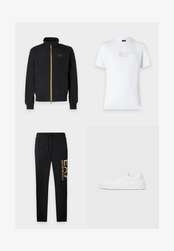 Black bomber jacket made from smooth fabric. Features a high collar, gold zipper, and EA7 logo on the left chest. Elastic cuffs and hem.; White cotton t-shirt featuring a round neckline and short sleeves, with a gold EA7 Emporio Armani logo printed on the front.; Black sweatpants with a comfortable fit, featuring a gold logo print "EA" and "EMPORIO ARMANI" on the left side, with an elastic waistband.; White sneaker with a smooth leather upper, rounded toe, laces, textured side accents, and a thick rubber sole. Minimalist design.
