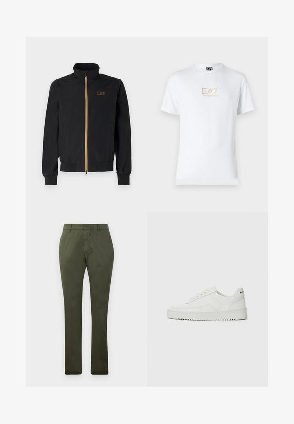 Chaqueta bomber negra hecha de una tela suave. Presenta un cuello alto, cremallera dorada y el logo de EA7 en el lado izquierdo del pecho. Puños y dobladillo elásticos.; Camiseta blanca de algodón con escote redondo y mangas cortas, con un logo dorado de EA7 Emporio Armani impreso en el frente.; Pantalones de pierna recta color verde oliva con presillas para cinturón, cierre frontal con cremallera y botón, exhibidos sobre un fondo blanco liso.; Zapatilla de cuero blanca con un acabado suave, puntera redonda, cordones planos y suela texturizada. Cuenta con un sutil logo en el talón.