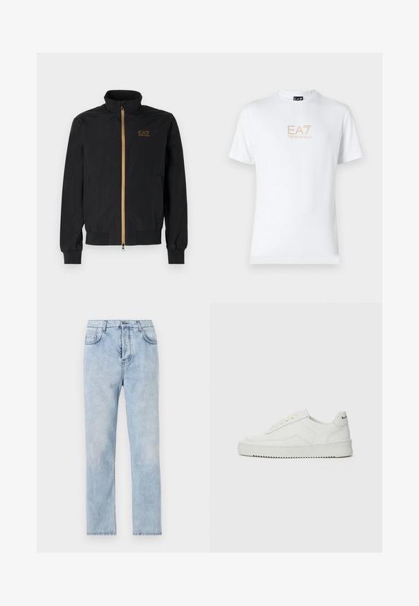 Giacca bomber nera realizzata in tessuto liscio. Presenta un alto colletto, una cerniera dorata e il logo EA7 sul lato sinistro del petto. Polsini e orlo elasticizzati.; T-shirt bianco in cotone con scollatura rotonda e maniche corte, con il logo oro EA7 Emporio Armani stampato sul fronte.; Jeans in denim azzurro chiaro con design a gamba dritta, stile a cinque tasche e cuciture visibili. Il materiale è morbido con una finitura leggermente sbiadita.; Sneaker in pelle bianca con una finitura liscia, punta rotonda, lacci piatti e suola testurizzata. Presenta un logo discreto sul tallone.