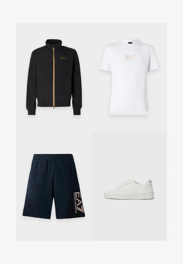 Mustat pommikotelotakki, joka on valmistettu sileästä kankaasta. Ominaisuuksiin kuuluu korkea kaulus, kultainen vetoketju ja EA7-logo vasemmassa rinnassa. Elastiset hihansuut ja helma.; Valkoinen puuvillapaita, jossa on pyöreä kaula-aukko ja lyhyet hihansuut. Paidassa on etupuolella kultainen EA7 Emporio Armani -logo.; Tummansinisiä miesten shortseja, jotka on valmistettu pehmeästä kankaasta. Housuissa on joustava vyötärö ja rohkea EA7-logo painettuna vaaleassa värissä vasempaan lahkeeseen.; Valkoinen nahkakenkä, jossa on sileä pinta, pyöreä kärki, tasaiset nauhat ja teksturoitu pohja. Sisältää huomaamattoman logon kantapäässä.