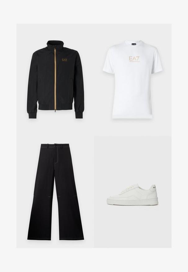Zwarte bomberjack gemaakt van soepel materiaal. Heeft een hoge kraag, gouden ritssluiting en EA7-logo op de linkerkant van de borst. Elastische cuffs en onderrand.; Witte katoenen t-shirt met een ronde halslijn en korte mouwen, voorzien van een gouden EA7 Emporio Armani-logo op de voorkant.; Zwarte wijde broek met witte stiksels, met een knoopsluiting en een elastische tailleband met riemlussen. Gemaakt van lichte stof.; Witte leren sneaker met een gladde afwerking, ronde neus, platte veters en een gestructureerde zool. Kenmerkt zich door een subtiel logo op de hiel.