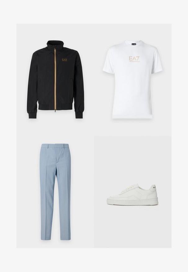 Black bomber jacket made from smooth fabric. Features a high collar, gold zipper, and EA7 logo on the left chest. Elastic cuffs and hem.; White cotton t-shirt featuring a round neckline and short sleeves, with a gold EA7 Emporio Armani logo printed on the front.; Light blue striped trousers with a slim fit, featuring vertical pinstripes in white. Made from a smooth fabric with a tailored design.; White leather sneaker with a smooth finish, round toe, flat laces, and a textured sole. Features a subtle logo on the heel.