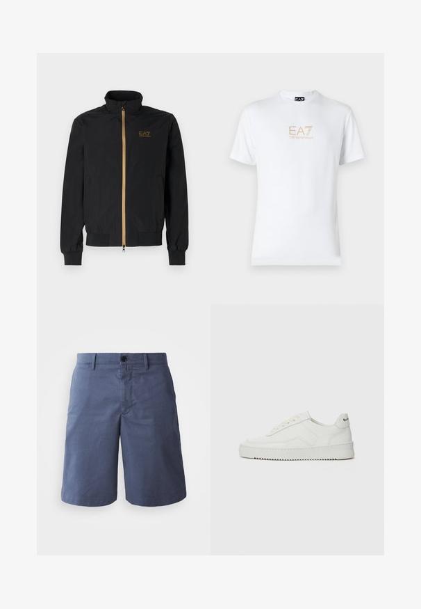 Mustat pommikotelotakki, joka on valmistettu sileästä kankaasta. Ominaisuuksiin kuuluu korkea kaulus, kultainen vetoketju ja EA7-logo vasemmassa rinnassa. Elastiset hihansuut ja helma.; Valkoinen puuvillapaita, jossa on pyöreä kaula-aukko ja lyhyet hihansuut. Paidassa on etupuolella kultainen EA7 Emporio Armani -logo.; Tummansinisiä puuvillashortseja, joissa on tasainen etuosa, yksi nappisuljenta, kaksi sivutaskua ja suora lahkeensuu. Sileä pinta, ilman näkyviä kuvioita.; Valkoinen nahkakenkä, jossa on sileä pinta, pyöreä kärki, tasaiset nauhat ja teksturoitu pohja. Sisältää huomaamattoman logon kantapäässä.